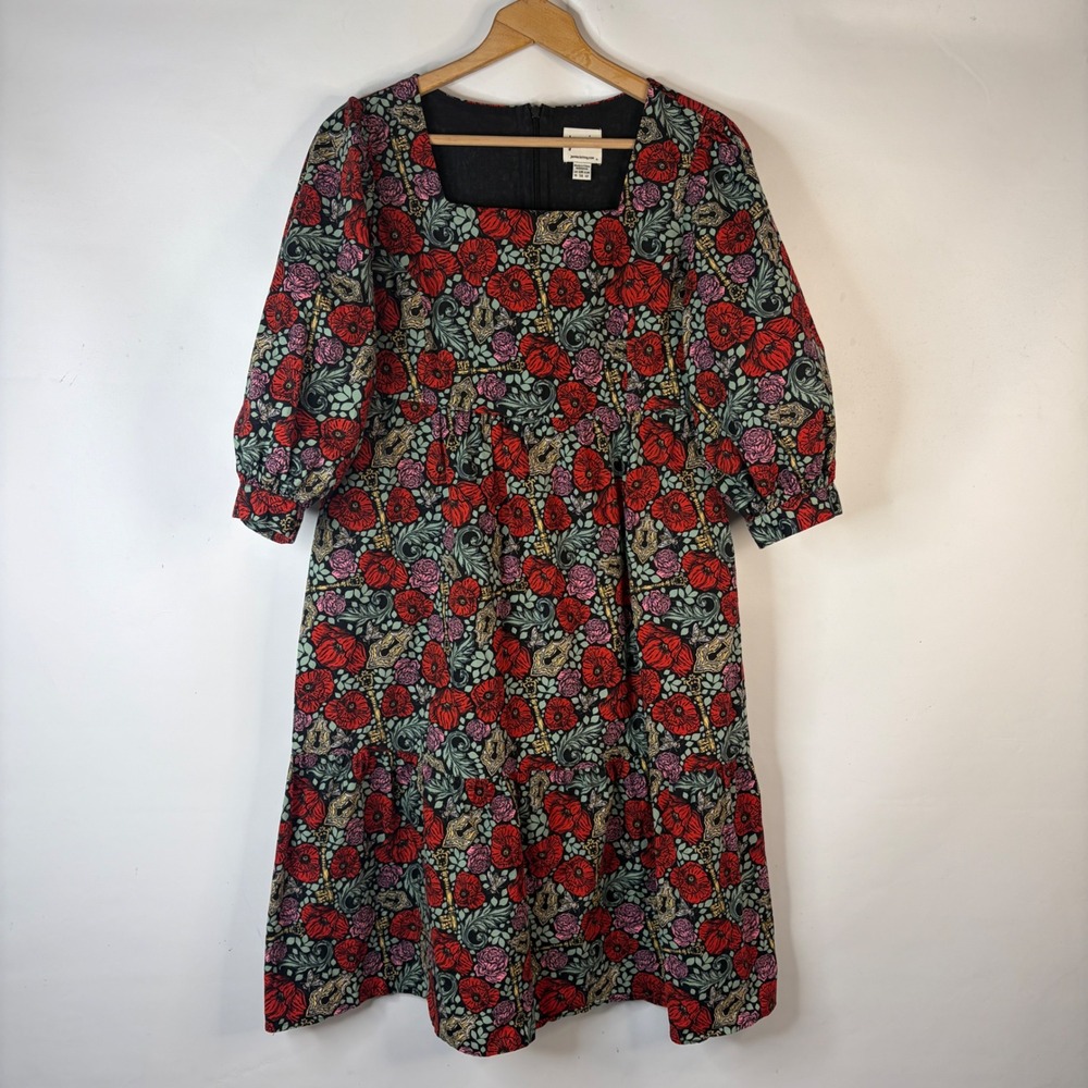 Joanie Midi Dress Women 10 Black Red Floral Key Print Square Neck Puff Sleeve
